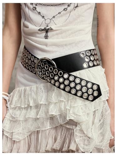 MakeMeChic Women's Faux Leather Round Buckle Belt Grommet Eyelet Punk Vintage Waist Belts2