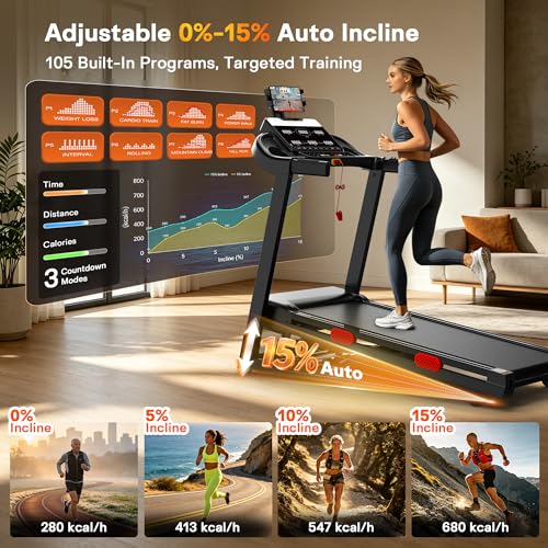 Image of 3.7HP Brushless Treadmill for Home with 15% Auto Incline, Bluetooth App, 105 Programs, Folding Running Machine with LED Display, 350 LBS Capacity for Walking Jogging Running