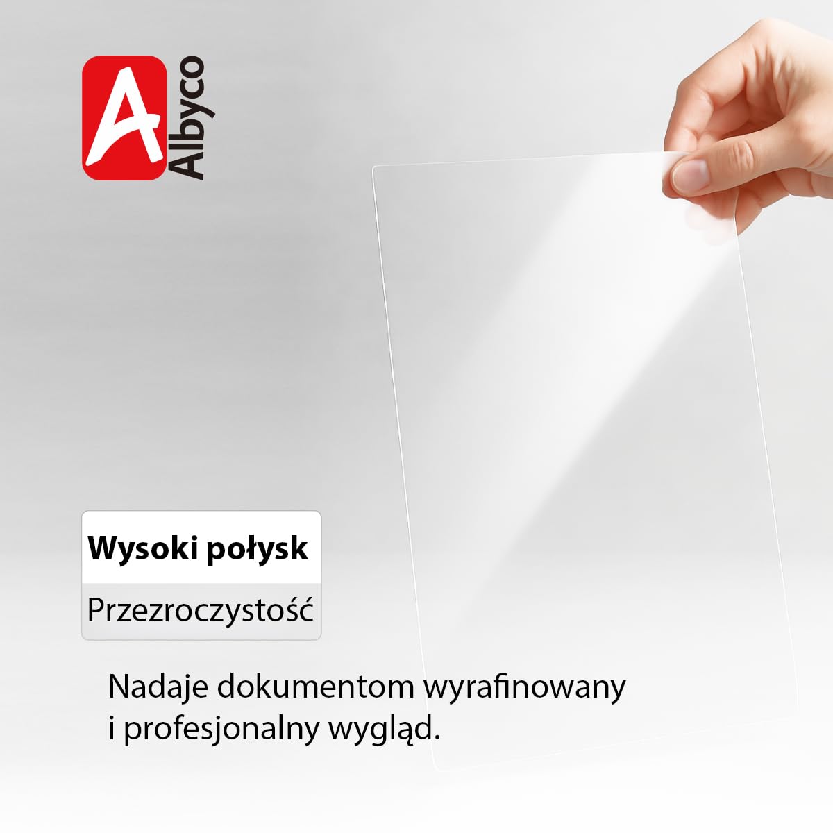 Albyco przezroczyste pokrywy błyszczące, grubość 0,18 mm/180 mikronów, format A4, 210x297mm, PVC