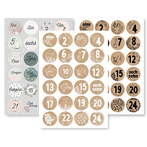 Adventskalender Aufkleber Set (Zahlen 1-24) - 3 x 24 Sticker für Kalender...