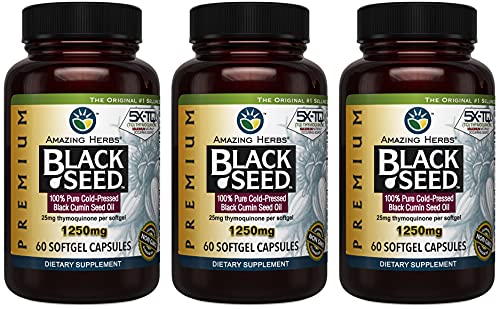Amazing Herbs Premium Black Seed Oil Capsules - High Potency, Cold Pressed Nigella Sativa Aids in Digestive Health, Immune Support & Brain Function - 60 Count, 1250mg (Pack of 3)