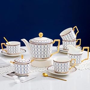 CwlwGO-15-Piece Porcelain Tea Service Set for 4, Bone China Coffee Tea Sets,Tea Cup Set with Teapot, Sugar Bowl, Creamer Pitcher And Gift Box, Britain Tea Cup Sets For Women,Adults, Couples.