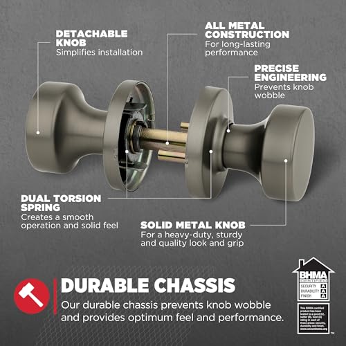 Image of Kwikset Pismo Round Dummy Door Knob, Single Sided Handle for Closets, French Double Doors, and Pantry, Gunmetal Non-Turning Interior Push /Pull Door Knob