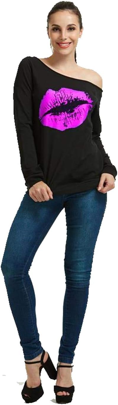 MAGICMKWoman’s Sweatershirt Lips Print Causal Blouse Off The Shoulder Long Sleeve Loose Slouchy Pullover Plus Size Tops