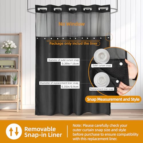 eachope 1 Pack Fabric Snap-in Shower Curtain Liner Replacement,Compatible with No Hook Shower Curtain with Snap in Liner, Removable & Water-Repellent,Machine Washable,70x54,Black