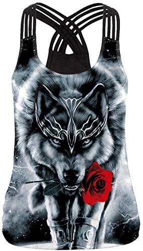 Ocean Plus Mujer Verano Redondo Camiseta sin Mangas O-Cuello Tank Tops Entrenamiento Racerback Yoga Camisas (XL (EU 38-40), Lobo Rosas) Cover
