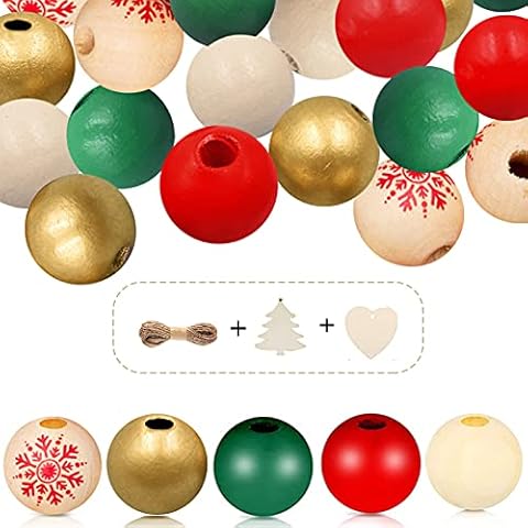 210 Pcs Christmas Wood Beads Wooden Beads for Crafts, Colored Wood Beads Natural Farmhouse Loose Wood Beads with Hemp Rope, 16mm Round Polished Wood Beads Bulk for Christmas DIY Garland Home Decor Cover
