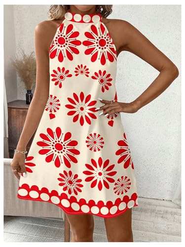Image of Floerns Women's Sleeveless Floral Print Sundress Halter Neck A Line Short Dress