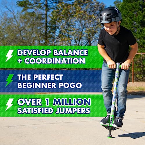 Image of Flybar Jolt Pogo Stick for Kids, Perfect for Beginners w / Foam-Covered Metal Frame, Handles & Padding, Non-Slip Foot Pads, Wide Tip, Outdoor Active Play Toy for Boys & Girls, Ages 6+, Green Tie Dye