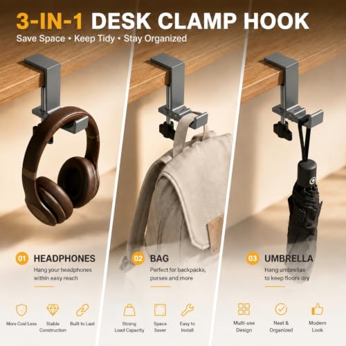 Image of Headphone Stand, Foldable Headset Hanger - Removable Headphone Holder Hook Mount, Adjustable PC Gaming Headset Stand Holder Clip Under Desk Clamp for Airpods Max, HyperX, Sennheiser