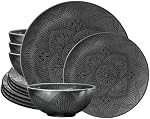 bzyoo 12 Piece Black Melamine Dinnerware Set - Durable, Dishwasher Safe Black Plates and Bowls - Ideals for Parties, Camping Dish Set La La Mandala