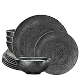 bzyoo 12 Piece Black Melamine Dinnerware Set - Durable, Dishwasher Safe Black Plates and Bowls - Ideals for Parties, Camping Dish Set La La Mandala Black