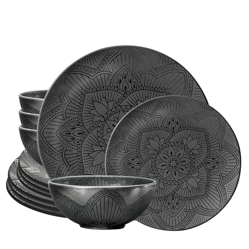 bzyoo 12 Piece Black Melamine Dinnerware Set - Durable, Dishwasher Safe Black Plates and Bowls - Ideals for Parties, Camping Dish Set La La Mandala