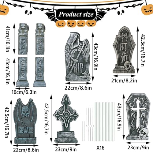 Halloween Grabstein Deko Outdoor XXL 81cm,7Pcs Gruselig RIP Grabstein Hof-Schilder Roadside Vorsicht Requisiten mit Erdspießen Gartendeko für Party,Spukhaus,Friedhof,Rasen im Freien,Draußen,Aussen