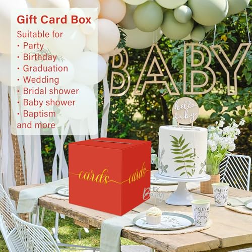 Image of 1 Pack Red and Gold Foil Card Box for Party, 8.7 inch Red Gift Card Box Money Box for Birthday, Wedding, Baby Shower, Retirement, Anniversary, Bridal Shower, Graduation, Raffle Ticket