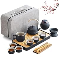 Japanisches Teeservice für 6, Schönes Tea Set Porzellan Chinesische Teekanne Set, 14 Stück Gongfu Teeservice, Tragbares Schwarzes Keramik-Teekannenset, Traditionelles Teekanne Teeservice aus Porzellan