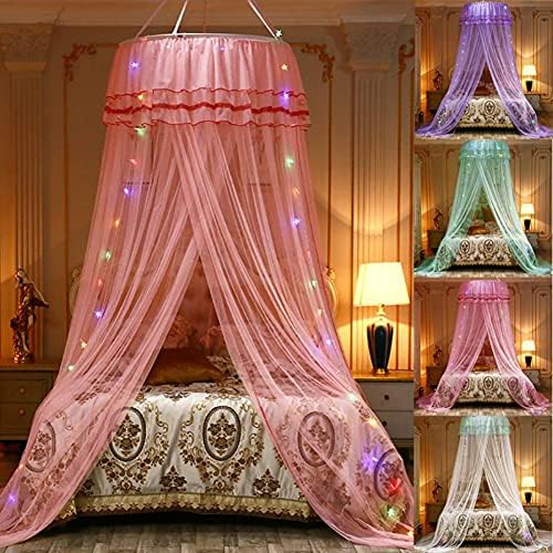 Elegant Round Dome Bed Netting Canopy Princess Bed Canopy with Led Light, Canopy Bed Curtains Mosquito Net for Bed (White)