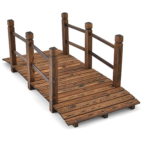 TANGZON 1.5M Wooden Garden Bridge, Decorative Arc Footbridge, Outdoor Walkway with Safety Railings...