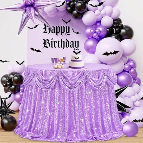 Image of B-COOL Round Sequin Tablecloth Party Decor: 120 Inch Table Cloth Lavender Glitter Fabric Overlay for Indoor Outdoor Dining Parties Home