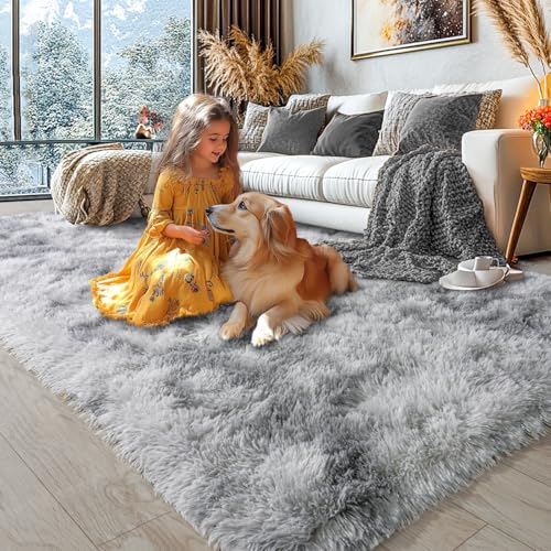 KING DARE Shag Runner Rug 2x6 for Bedroom Bedside, Washable Fluffy Plush Non-Slip Soft Carpet for Dorm Hallways Entryway Kids Room, Modern Home Decor Aesthetic, Tie-dye Grey