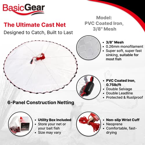 image for BasicGear Cast Net for Bait Trap Fish, Protected Weights, 3ft Radius w