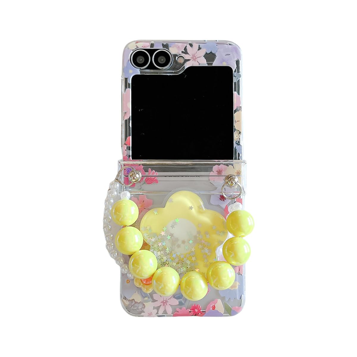 AOLABOKY Cute Case for Samsung Galaxy Z Flip 6 with Flower Bracket,Beautiful Women Girls Phone Protective Cover for Galaxy Z Flip 5 with Pearl Wrist