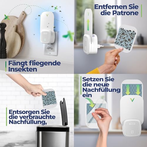 VEYOFLY Indoor Fliegenfalle – Steckdosen-Fliegenfalle für Fruchtfliegen und Stubenfliegen – Geruchlos und sauber (1 Gerät + 3 Klebefallen)