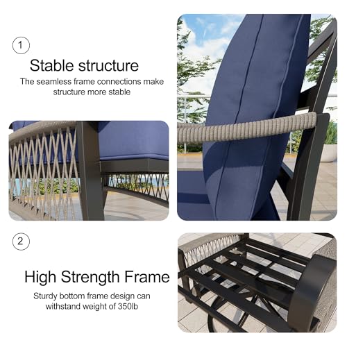 Image of 12 Pieces Patio Conversation Sets, All-Weather Metal Swivel Rocking Chairs with Rope Furniture Set, Outdoor Sofa Couch for Deck, Porch, Garden, Backyard, Poolside (Blue Cushions)