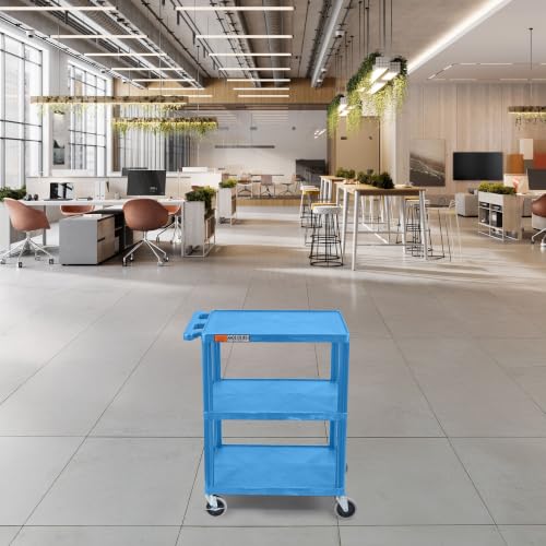 Image of Luxor HE34-BU Utility Cart - 3 Shelves Structural Foam Plastic, Four 4 inch Casters, Two with Locking Brake, Ergonomic Push Handle, 24 inchW x 18 inchD x 34 inchH, Offices, Classrooms