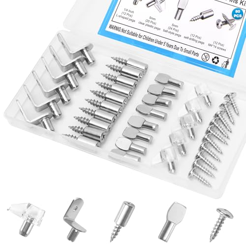 RKBEZOS 80 Pcs Shelf Pegs Pins Kit, 4 Styles Heavy Duty 5mm 1/4 Inch Shelf Support Pegs Holders, Nickel Plated Cabinet Shelf Clips for Kitchen Wood Shelves Bookcase