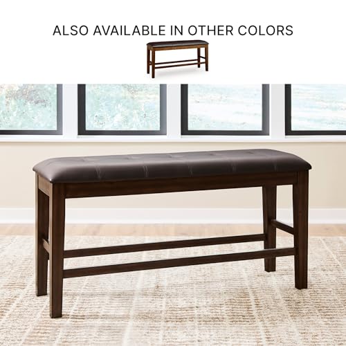 Image of Signature Design by Ashley Haddigan Casual Tufted Faux Leather Upholstered Counter Height Dining Bench with Oak Finish, Dark Brown