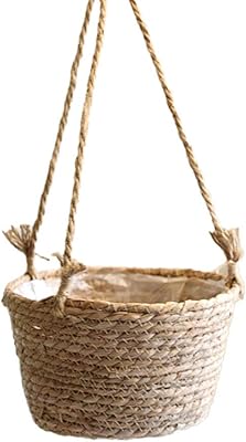 Redsa Fioriera da appendere in paglia da 20 cm, in corda di iuta, da appendere a fiori, in vimini, per piante grasse, erbe aromatiche e piccole piante da interno ed esterno