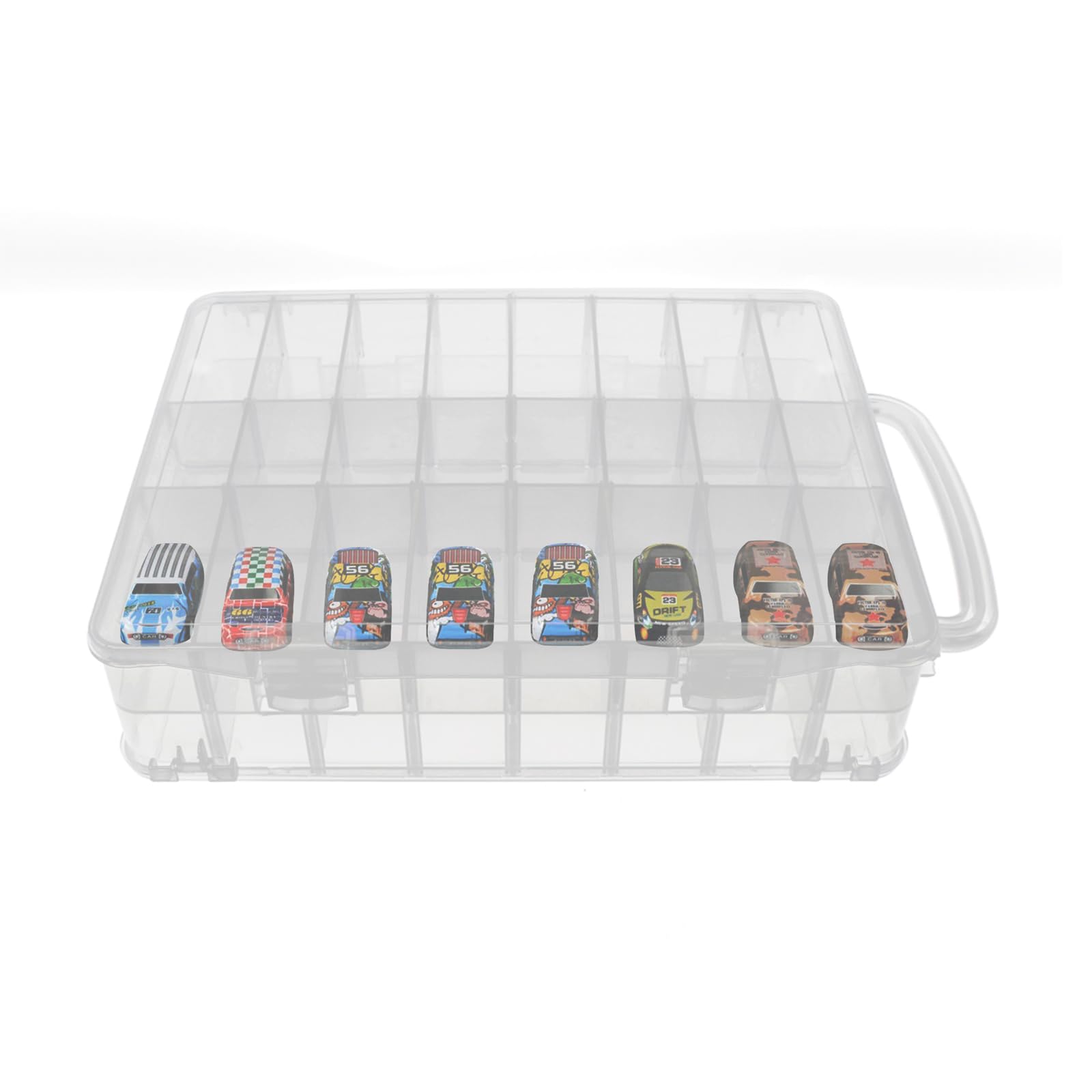 JINGHANGER Double Sided Toy Car Organizer 1/64 Display Case Carrying Box Container Carrier with 48 Compartments Transparent Storage Box for Toy Car，