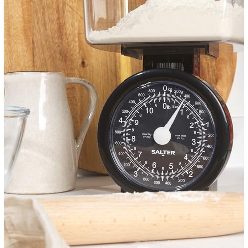 Salter Küchenwaage Analog 5kg, Mechanische Küchenwaage mit Schüssel, Waage Küchenwaage Retro Design, Spülmaschinenfeste Backwaage mit Zuwiegefunktion, Gut Lesbares Zifferblatt