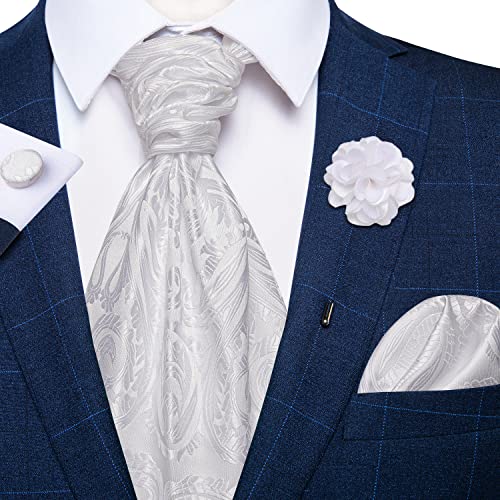 Image of DiBanGu Mens Silk Ascot Ties Paisley Jacquard Woven Cravat and Pocket Square Cufflinks with Lapel Pin for Business Wedding