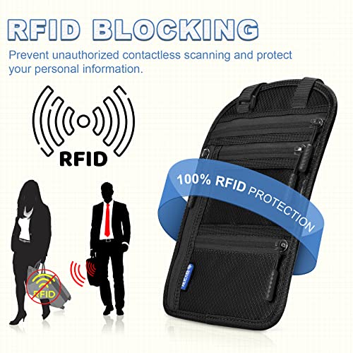Yordawn Brustbeutel Brusttasche Herren Dame mit RFID-Schutz Wasserdicht Reisegeldbeutel Reise Sicherheitstasche mit Verstellbarem Halsriemen für Karten Reisepass (Dunkelschwarz)