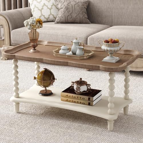 Function Home Farmhouse Coffee Table, Rustic White French Country Center Table with Storage Shelf, Wood Coffee Tables for Living Room Dining Room, Natural Tray Top and Vintage White Spindle Legs