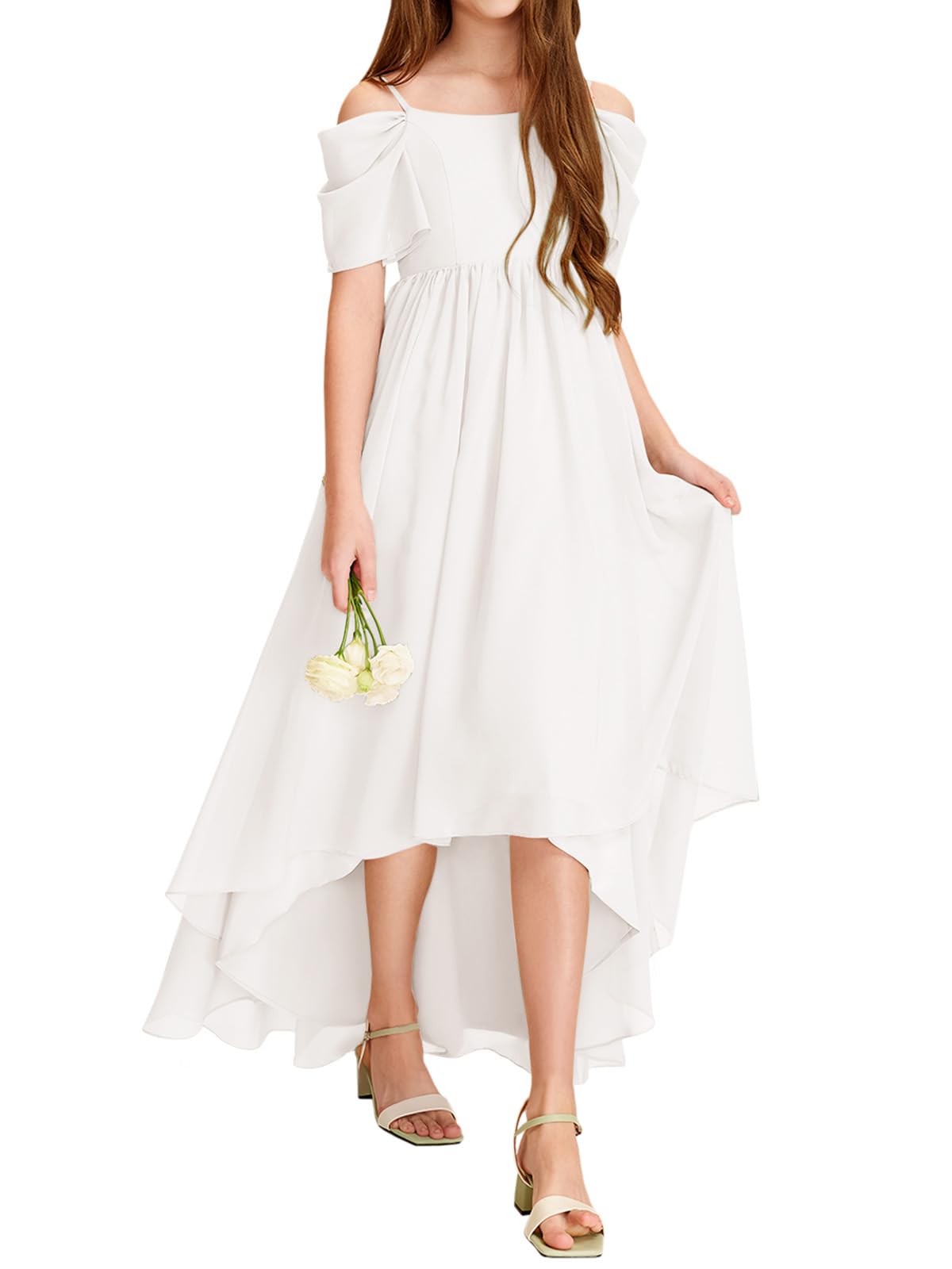 Haloumoning Robe asymétrique en mousseline de soie à épaules dénudées pour fille - Pour demoiselle d'honneur, fête d'anniversaire