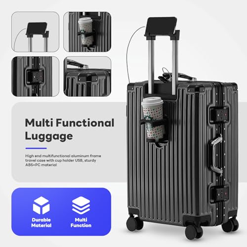 Carry-on with Cup Holder & USB Port Carry on Luggage Durable Luggage Suitcase Lightweight Hardside Luggage with TSA lock & Phone Holder 360° double spinner Wheels (Black=20lnch, 20lnch)4
