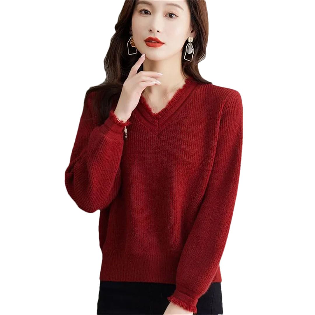 Damski sweter z dzianiny w stylu retro z dekoltem w serek, luźny ciepły miękki sweter