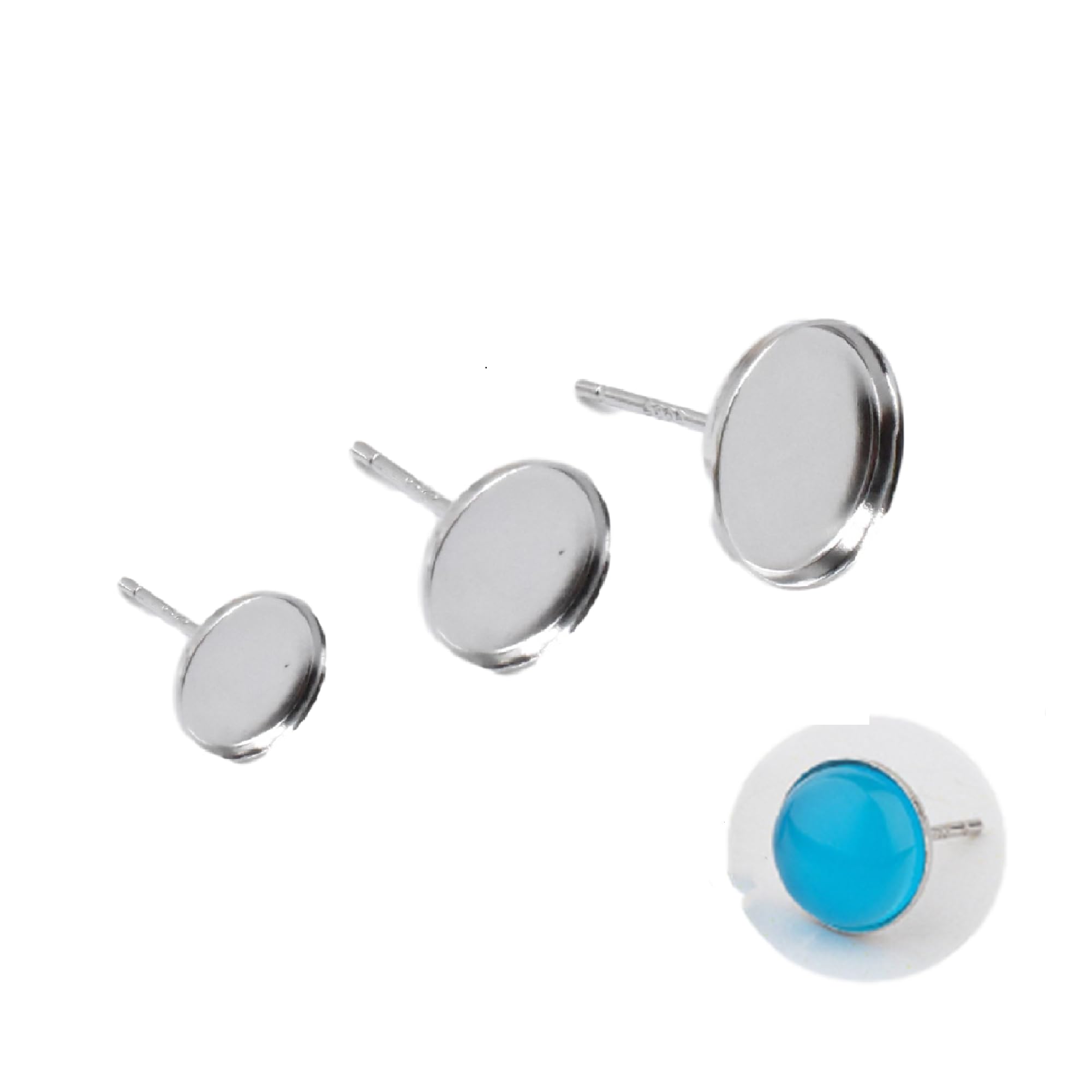 8 Pairs Sterling Silver Earring Settings w/Rhodium Plated, 925 Silver Round Bezel Cup Earring, Post Earring Blank Setting w/Nuts (Fit 6mm(8 pairs))