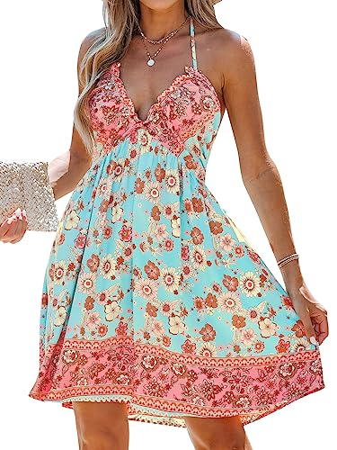 CUPSHE Damen Sommerkleid Neckholder V Ausschnitt Blumenmuster Strandkleid Freizeitkleider Beach Smocked Boho Mini Dress Grüne Blumen L