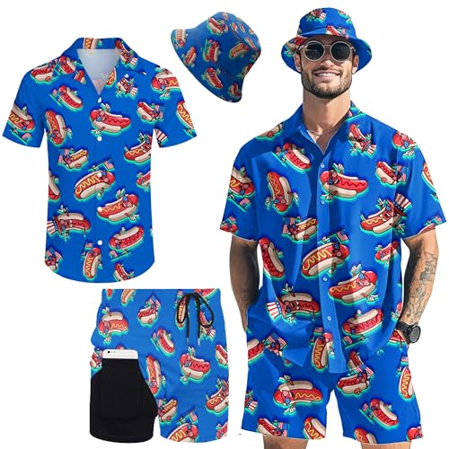 Hawaiian MenS 2 Piece Outfits Rave Duck Shirts Shorts Outfits Tropical Set with Hat