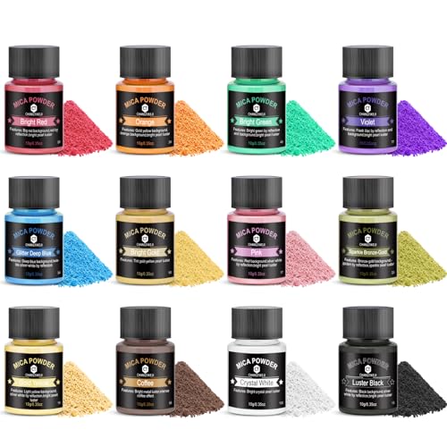 Mica Powder 12 Colors Pearlescent Pigment - for Resin Epoxy Soap Making Nail Polish Lip Gloss Eye Shadow Bath Bomb Slime & Candle - 10g Each Bottle (Basic Color Series)