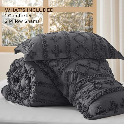 Bedsure Tufted Boho Comforter Set Queen Size - Dark Grey Boho Bed Set, GentleSoft™ 3 Pieces Farmhouse Shabby Chic Embroidery Bedding, Gifts for Woman, Soft Jacquard Queen Comforter for All Seasons