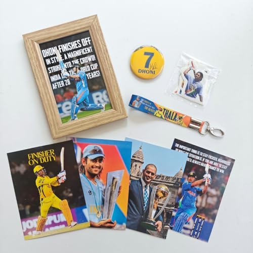 Image of TenorArts Gift Box Merchandise - 5x7 Inches Laminated Photo Frame,1 Keychain, 1 Badge, 4 4x6 inches Posters, Shapecut Stickers - 5 items in 1 Box | Perfect for Gifting Cricket Fans