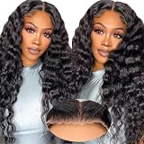Glueless Curly Wigs Human Hair 7x5 Wear and Go Wigs Human Hair Pre Plucked Pre Cut Black Deep Wave Closure Lace Front Wig Human Hair 12a 220% Density Loose Curly Wig Bleached Knots for Women 16 Inch
