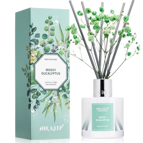 Image of Airkeep Reed Diffuser Set,3.38 fl oz (100 ml) - Moss Eucalyptus Oil Diffusers with 8 Reed Sticks, Home Fragrance Reed Diffuser for Bathroom Shelf Decor