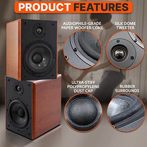 Pyle 5.25" Home Wooden Bookshelf Speakers, 200W Max Power, 1" Silk Dome Tweeter And Aluminum Voice Coils, Pair, Gold Plated 5 Way Binding Post, Rubber Surrounds, Beautiful Wood Grain Finish Phqbs52 #TOP5