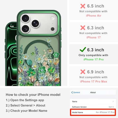 Image of Magnetic for iPhone 17 Pro Case for Women Girls, Green Floral | Pretty Oil Painting Flower Pattern Design [Compatible with MagSafe] Shockproof Slim Translucent Matte Non-Slip Cover